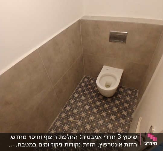 חדר שירותים משופץ עם אסלה תלויה, חיפוי קיר וריצוף מצויר